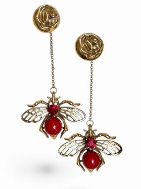 Vintage Bee Drop Earrings with Red Gem & Rose Stud